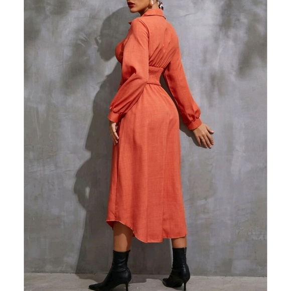 Shirred Waist Solid High Waist Buttoned Dress - Picture 3 of 8